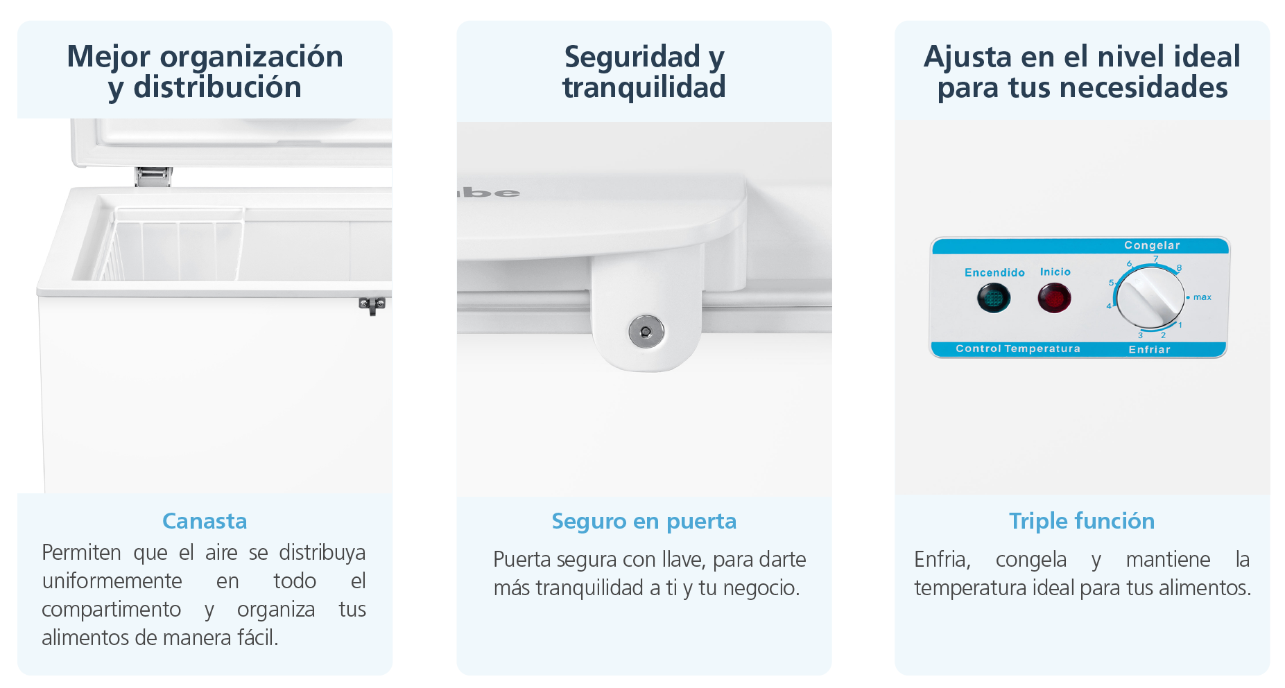 Beneficios de tu congelador canastas plásticas que permiten que el aire se distribuya uniformemente en todo el compartimento, seguro en puerta con llave y ajuste de temperatura según tus necesidades.